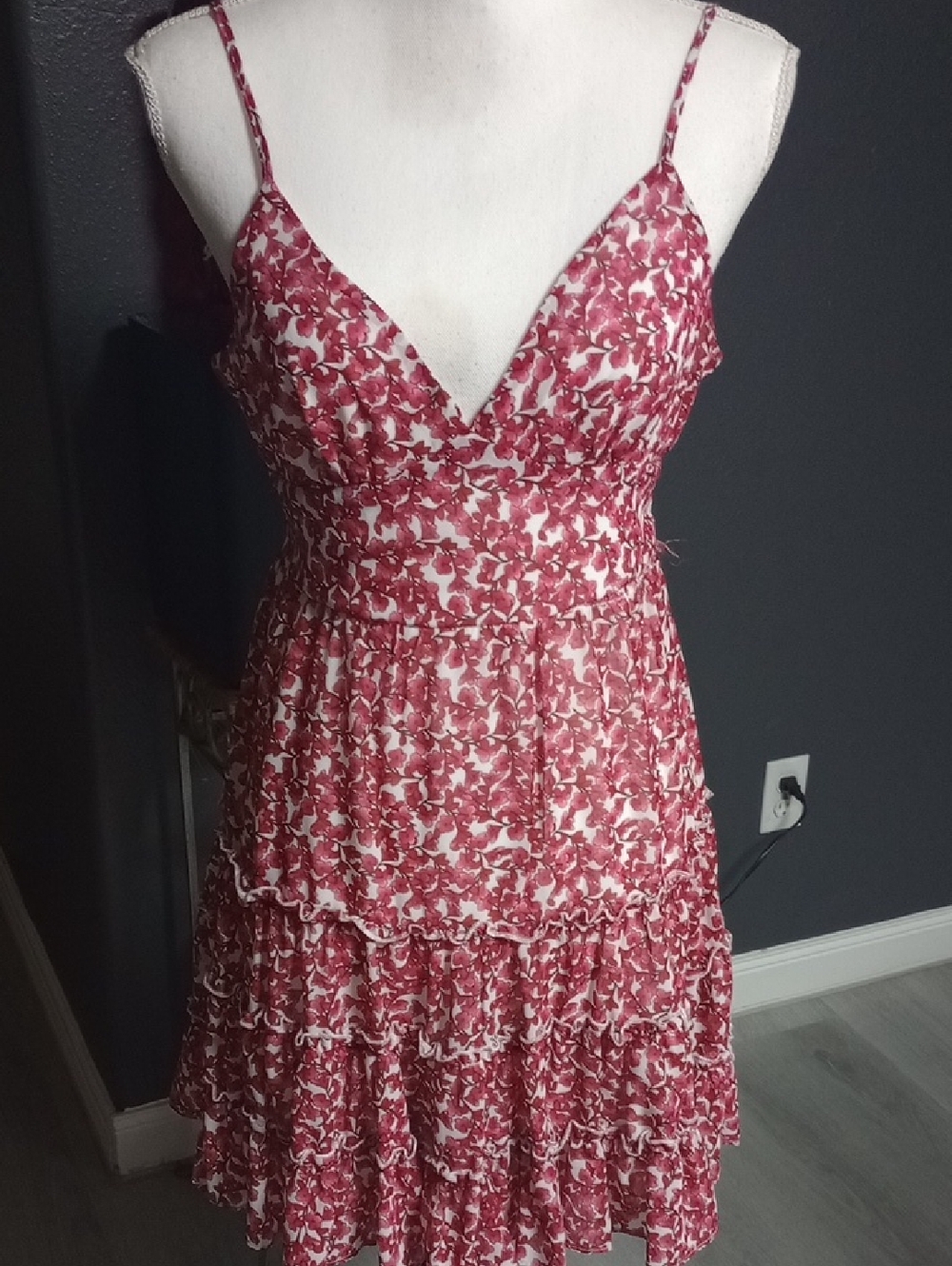 Floral Red Tiered Spaghetti-Strap Dress